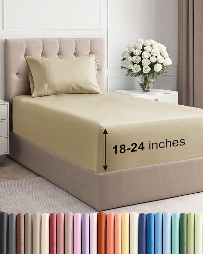 Extra Deep Twin Sheet Set - 3 Piece Breathable & Cooling Bed Sheets - Easily Fits 18 to 24 inch Mattress - Ultra Soft, Wrinkle & Fade Free w/ Extra Deep Pockets - Comfy Hotel Luxury Bedding - Beige