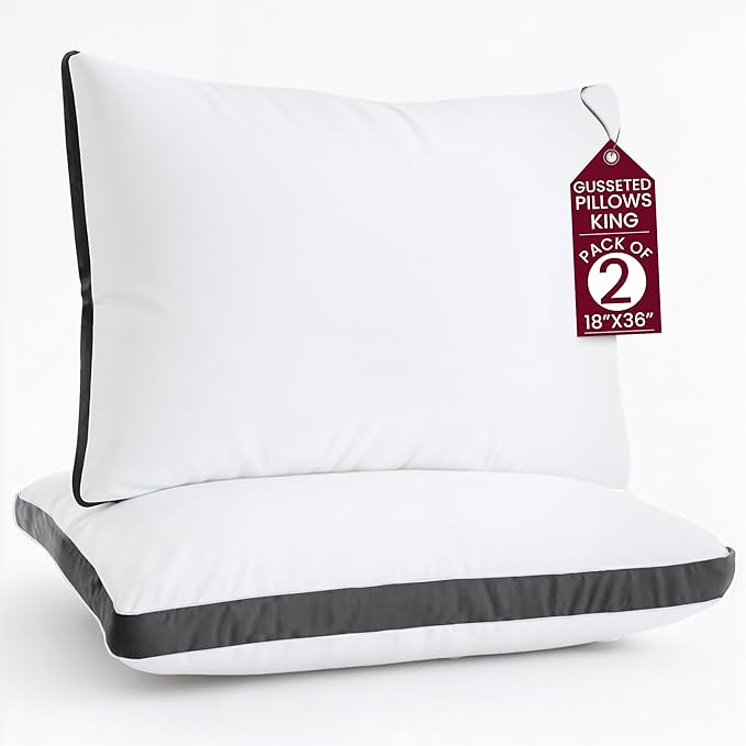LUX Décor Gusseted Style Soft Hotel Pillows Set of 2 – for Side, Stomach & Back Sleepers - Down Alternative Hotel Bed Pillows – 100% Microfiber Cover, Virgin PSF Fill – Grey, King 36x18