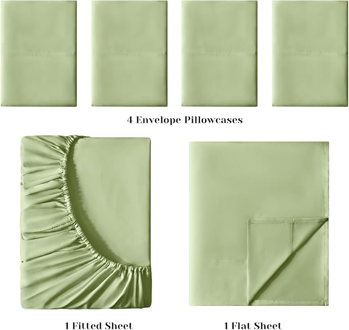 BYSURE 6 Pieces Bed Sheets Set(King, Sage Green) - Hotel Luxury Super Soft 1800 Thread Count 100% Microfiber Sheets with Deep Pockets, Wrinkle & Fade Resistant
