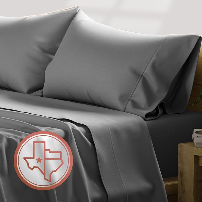 TEXAS LINEN CO. Luxury Egyptian Cotton Queen Size Sheet Set - Texan Talkin' Collection 600 Series 4 PC Deep Pocket Fitted and Flat Sheets, Cooling Extra Long Staple Sateen Hotel Bedding - Dark Grey