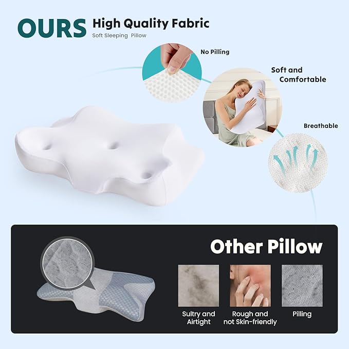 NEWBULIG Cervical Neck Pillow - Ergonomic Memory Foam Pillow for Neck Pain Relief, Contour Orthopedic Bed Pillow for Side, Back & Stomach Sleepers with Neck Support, 24.01" Lx15.12 W, White