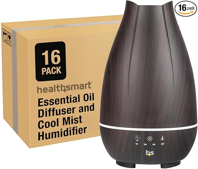 HealthSmart Essential Oil Diffuser, Cool Mist Humidifier and Aromatherapy Diffuser with 500ML Tank Ideal for Large Rooms, Adjustable Timer, Mist Mode and 7 LED Light Colors, Brown (Pack of 16)