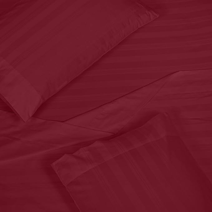 ROYALE LINENS 300 Thread Count 100% Long Staple Combed Cotton Striped Sheet Set - 4 Piece Full Bed Sheets - 1 Fitted, 1 Flat, 2 Pillow Cases -Soft Cool & Crisp Sheet Set (Full, Multi Stripe Burgundy)