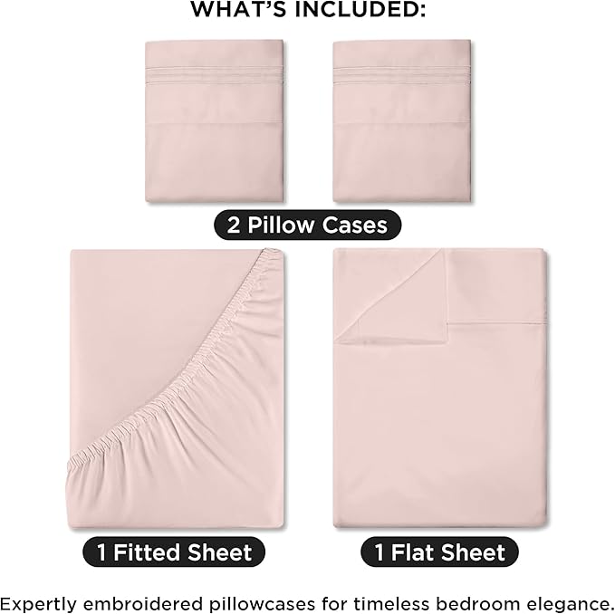 ROYALE LINENS 4 Piece King Sheets Set - Soft Brushed 1800 Microfiber Bedding - 1 Fitted and 1 Flat Sheet, 2 Pillow Cases - Wrinkle Free & Fade Resistant - Hotel Luxury Bed Sheets Set (Pink, King)