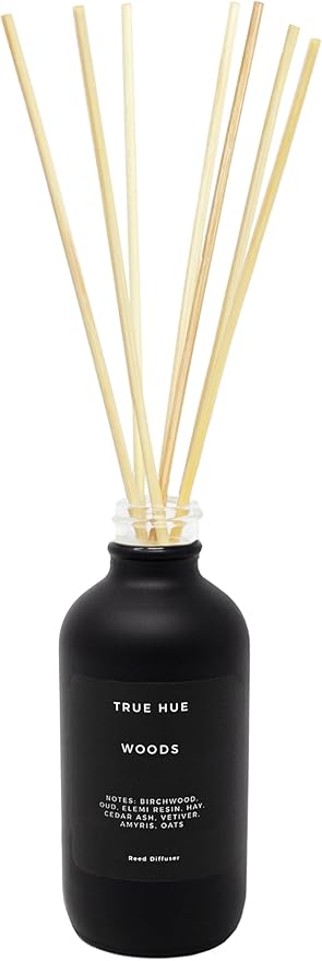 Luxury Reed Diffuser| True Hue | 3.75 fl oz | Glass and Rattan | Lasts for 2-3 Months | Fragrance Diffusers for Home | Handmade in USA (Woods)