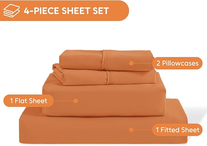 Queen Sheet Set, 4 Pieces Hotel Luxury Soft Microfiber Queen Bed Sheets Set, Up to 16" Deep Pockets, Oeko-Tex Sheets with Elastic, Breathable, Wrinkle Free (Pumpkin Orange, Queen)
