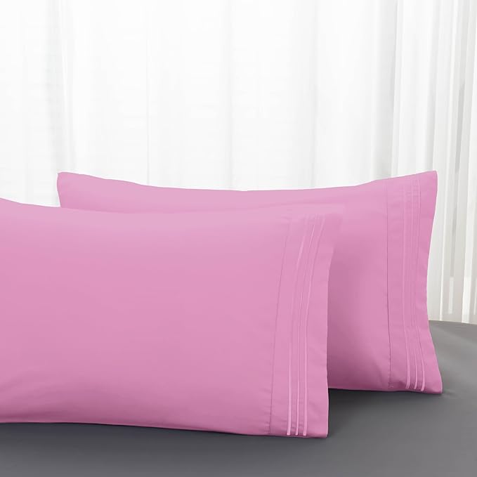 Mocassi 2-Piece Premium King Pillowcase Set 1800 Series Hotel Quality Microfiber - Soft and Breathable with 3-Line Embroidery Wrinkle and Stain Resistant, Easy Care, 20" x 40", Light Pink