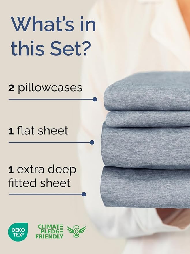 Extra Deep King Sheet Set - 4 Piece Breathable & Cooling Bed Sheets - Easily Fits 18 to 24 inch Mattress - Ultra Soft, Wrinkle & Fade Free w/ Extra Deep Pockets - Hotel Luxury Bedding - Heathered Blue