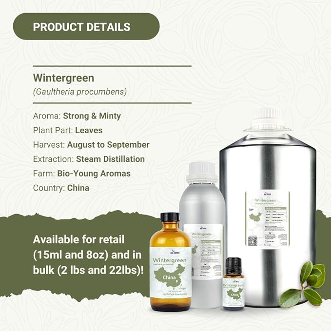 Wintergreen Essential Oil - Direct from Bio-Young Aromas China - Steam Distilled - Aceite de Gaulteria for Aromatherapy, Massage, Diffuser, DIY Candle and Soap Making - 15ml