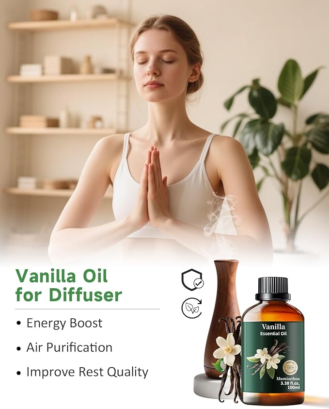 Vanilla Essential Oil, Pure Vanilla Oil Mumianhua Natural Vanilla Bean Oil for Diffuser, Aromatherapy, Skin, Perfume,Candle, Soap Making,DIY 3.38 Fl Oz