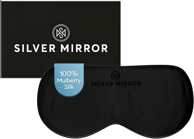 Sleep Mask in Black, 100% Silk, Pure Mulberry Silk, Light Blocking Eye Mask with Elastic Strap for Sleep & Travel, Ultra Soft, No Pressure, Reduce Puffy Eyes, Machine Washable, By Silver Mirror