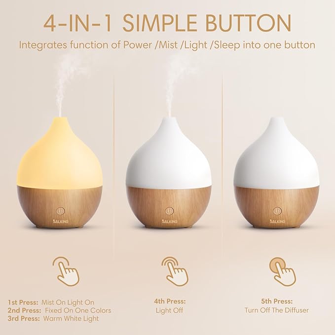 SALKING Aromatherapy Diffuser & Floral Essential Oils Set, 100ml Diffuser Ultrasonic Diffuser Cool Mist Humidifier with 8 Colors Light, Waterless Auto Off for Home Office
