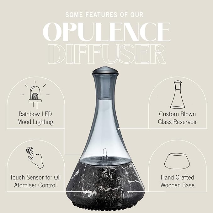 Nebulising Essential Oil Diffuser - Opulence I Hand-Crafted Glass Aromatherapy Diffuser with Black Ceramic Base, LED Light Room Diffusers for Home, Elegant Décor & Wellness Gift