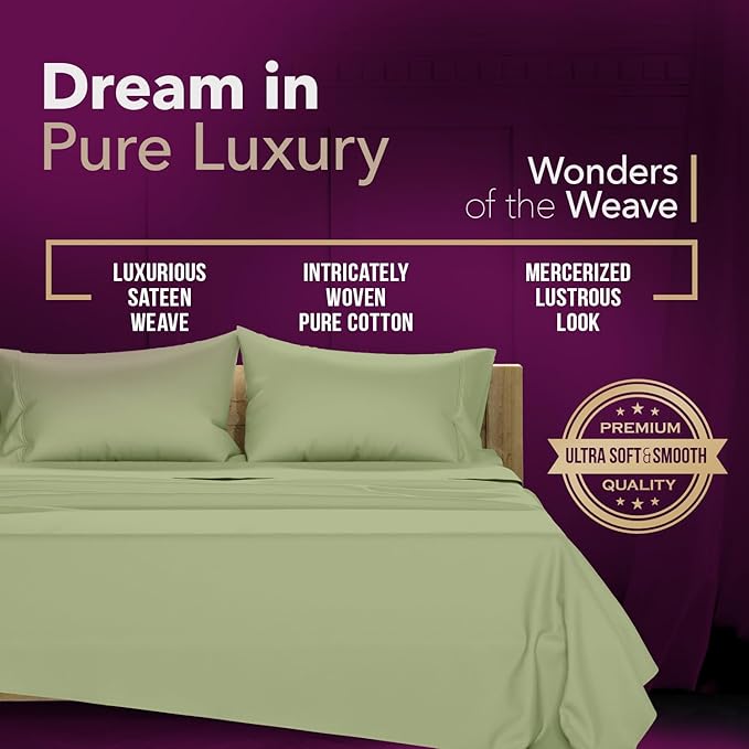 TEXAS LINEN CO. 100% Egyptian Cotton Bed Sheets Full Size - Luxury 1200 Series Sheets Full Size Bed Set (4 PC, Sage Green), 17" Deep Pocket, Soft, Cooling Sateen Weave Hotel Quality Bedding Set