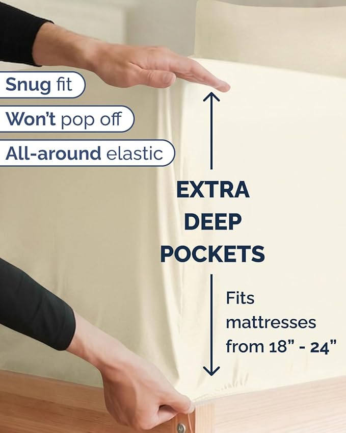 Extra Deep Twin XL Sheet Set - 3 Piece Breathable & Cooling Bed Sheets - Easily Fits 18 to 24 inch Mattress - Ultra Soft, Wrinkle & Fade Free w/ Extra Deep Pockets - Hotel Luxury Bedding - Off White
