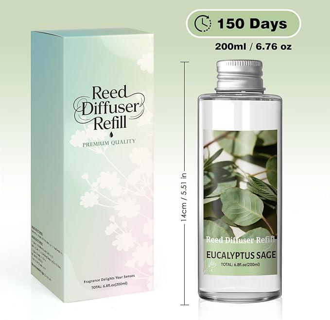 SCENTORINI Reed Diffuser Oil Refill, Eucalyptus Sage Diffuser Oil 6.76 Fl Oz, Natural Scented Essential Oil Refill Long Lasting Home Fragrance for Room Spa Aromatherapy Bathroom Home Decor