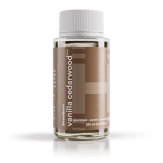 Homedics SereneScent Waterless Diffuser Oil — Vanilla Cedarwood, Natural & Clean Home Fragrance, 120ml, for Relaxing & Cozy Home Ambiance, Compatible with SereneScent Diffusers, Easy Twist Plug & Play
