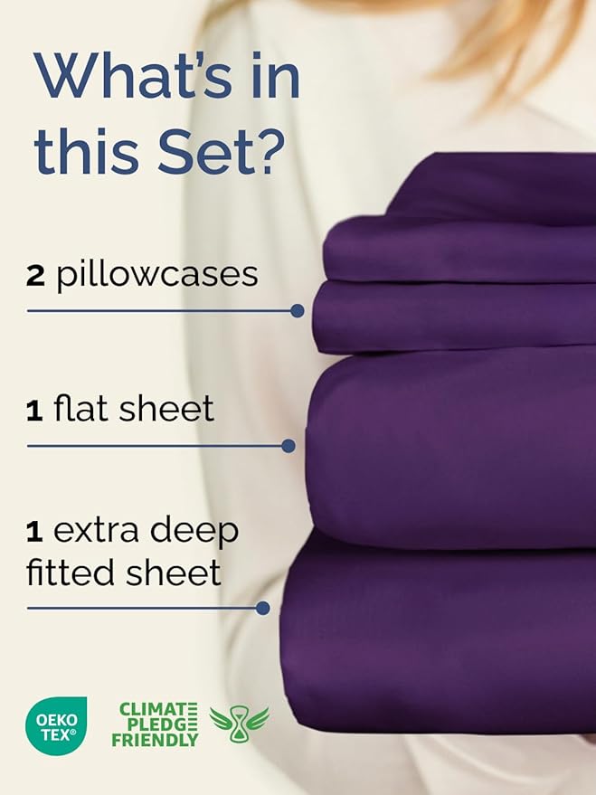 Extra Deep King Sheet Set - 4 Piece Breathable & Cooling Bed Sheets - Easily Fits 18 to 24 inch Mattress - Ultra Soft, Wrinkle & Fade Free w/ Extra Deep Pockets - Comfy Hotel Luxury Bedding - Purple