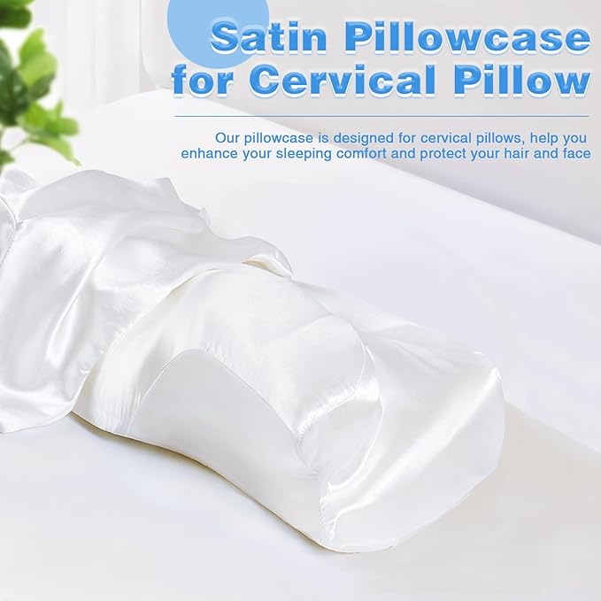 Satin Pillowcase for Cervical Pillow, White Silky Cervical Pillow Case Contour Pillow Case Cover with Zipper, Smooth Ergonomic Pillowcase for Neck Pillow Cover