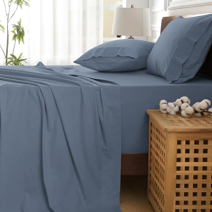 HYPREST 100% Cotton Percale Sheets King Size - 18-24 Extra Deep Pocket Bed Sheet Set King, Crisp & Breathable Cooling Bedding (Dusty Blue, Queen)