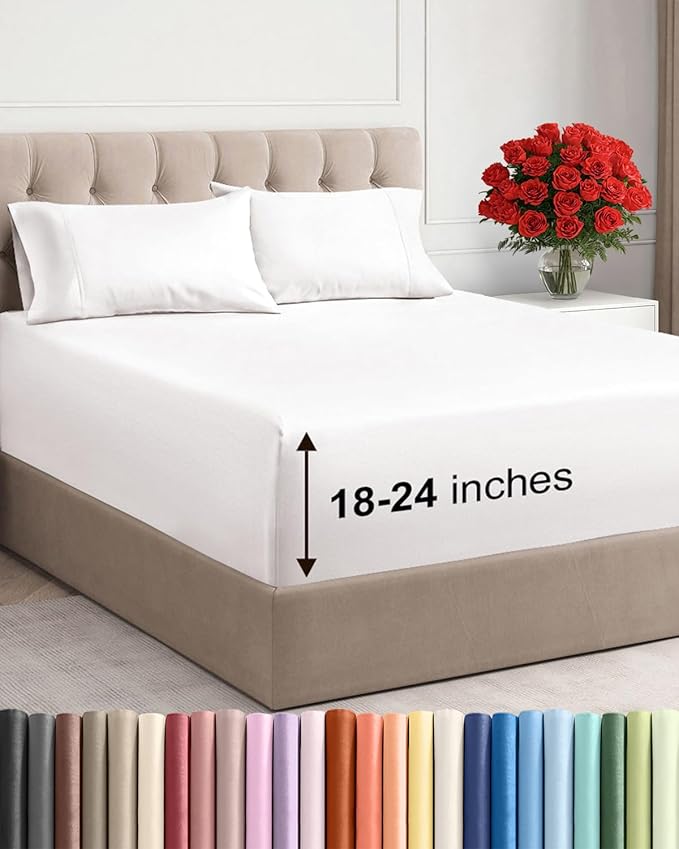 Extra Deep Cal King Sheet Set - 4 Piece Breathable & Cooling Bed Sheets - Easily Fits 18 to 24 inch Mattress - Soft, Wrinkle & Fade Free w/ Extra Deep Pockets - Hotel Luxury Bedding - Antique White
