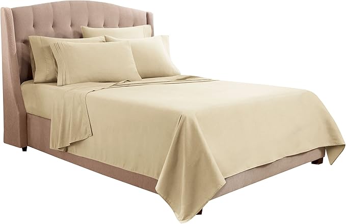Clara Clark Flex Top King Sheets, 6 Piece Set - Hotel Luxury Sheets for Top Split King Bed, Super Soft Bedding Set, Head Split King Beige Cream