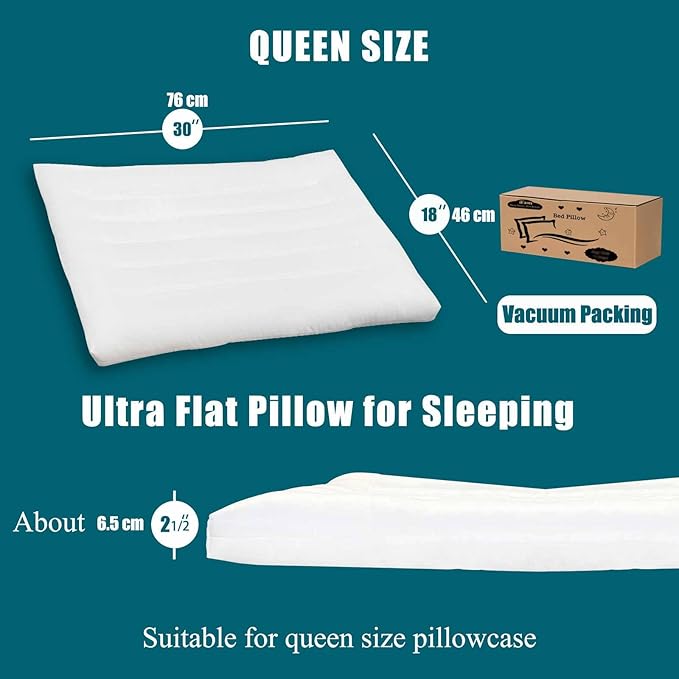 Ultra Flat Thin Pillows for Sleeping Queen Size, 2-1/2" High Slim Bed Pillow for Back Stomach Sleepers Down Alternative Filling Hypoallergenic White 18x30 in