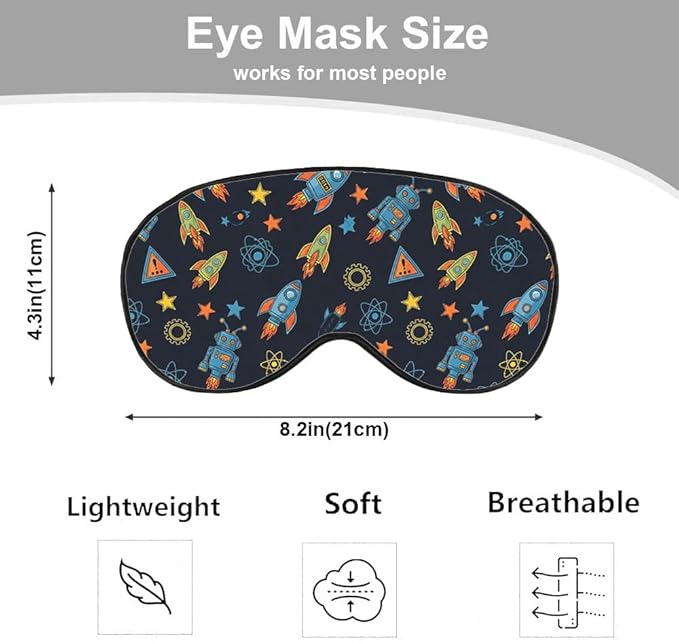 Cartoon Robot Sleep Mask Mechanical Equipment Tools Stars Planet Rocket Silk Eye Mask Sleeping Soft Eye Shade Cover for Men Women Boy Girl Airplane Travel with Elastic Strap