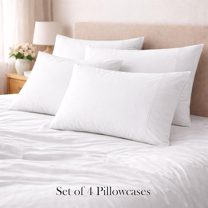 400 Thread Count 100% Egyptian Cotton Queen Size Pillowcases Set of 4, Soft & Breathable Sateen Weave, Envelope Closure, Hotel Luxury Bed Linen, Durable & Fade Resistant, 20"x30", White