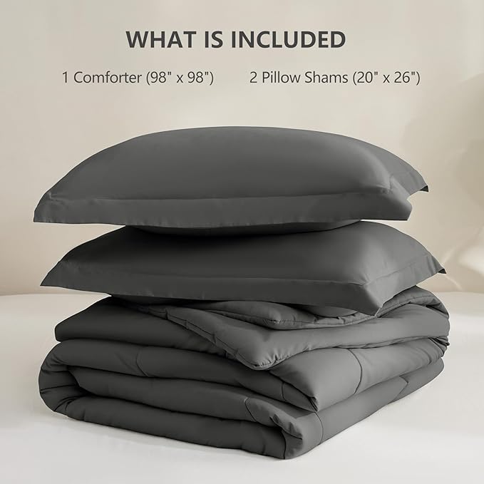 CozyLux Oversized Queen Comforter Set, 3 Pieces Dark Grey 98x98 Box Stitched Design Soft Bedding Set, All Season Lightweight Breathable Bed Set with 1 Down Alternative Comforter and 2 Pillow Shams