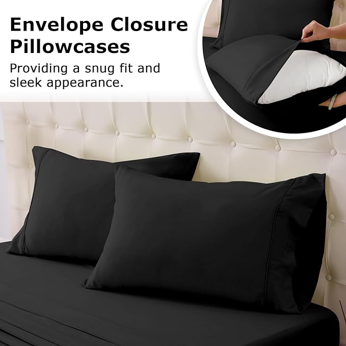 Queen Size Bed Sheet Set - 4 Piece Soft Microfiber Sheets with Deep Pockets, Cooling Technology, and Wrinkle-Free Pillowcase. Hotel-Quality, Durable Bedding, Black