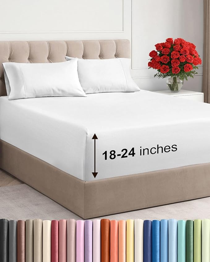 Extra Deep Full Sheet Set - 4 Piece Breathable & Cooling Bed Sheets - Easily Fits 18 to 24 inch Mattress - Ultra Soft, Wrinkle & Fade Free w/ Extra Deep Pockets - Comfy Hotel Luxury Bedding - White