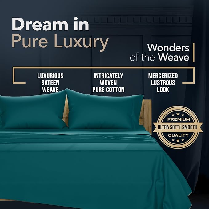 TEXAS LINEN CO. 100% Egyptian Cotton Sheets California King Size - Luxury 1500 Series Couture Comfortin' Collection Cal King Sheet Set Egyptian Cotton, (4 PC, Teal), 17" Deep Pocket Bedsheet Set