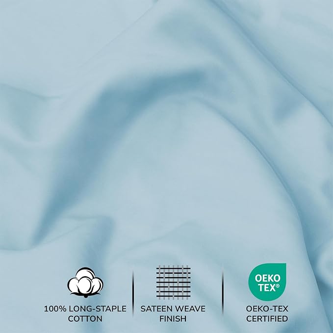 Feather & Stitch 500 TC King Size 4pc Damask Bed Sheet Set, 100% Soft Cotton Breathable Bedsheets, 18" Deep Pockets Sateen Weave Solid Bedding Mattress Resort Hotel Luxury Decor - (Feather Blue)