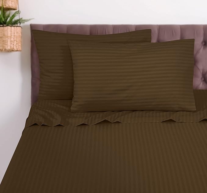 ROYALE LINENS 4 Piece Cal King Sheets Set - Soft Brushed Microfiber - 1 Fitted, 1 Flat Sheet, 2 Pillowcases - Wrinkle Free & Fade Resistant - Hotel Luxury Bed Sheets (Stripe Chocolate, Cal King)