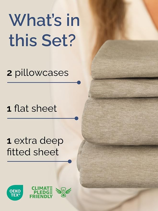 Extra Deep Queen Sheet Set - 4 Piece Breathable & Cooling Bed Sheets - Easily Fits 18 to 24 inch Mattress - Soft, Wrinkle & Fade Free with Extra Deep Pockets - Hotel Luxury Bedding - Heathered Beige