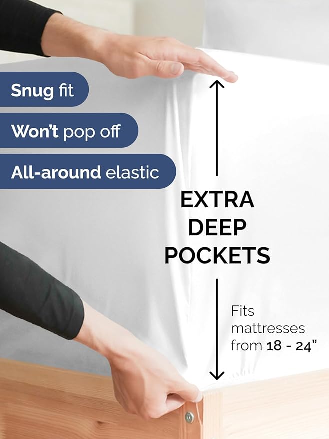 Extra Deep Twin Sheet Set - 3 Piece Breathable & Cooling Bed Sheets - Easily Fits 18 to 24 inch Mattress - Ultra Soft, Wrinkle & Fade Free w/ Extra Deep Pockets - Comfy Hotel Luxury Bedding - White