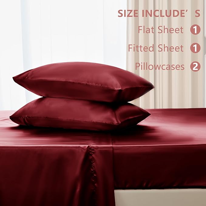 CozyLux Satin Sheets Full Size Sheets - 4 Piece Silky Full Size Bed Sheets, Luxury Burgundy Full Bed Set with Smooth and Soft Microfiber, Includes 1 Fitted Sheet, 1 Flat Sheet and 2 Pillowcases