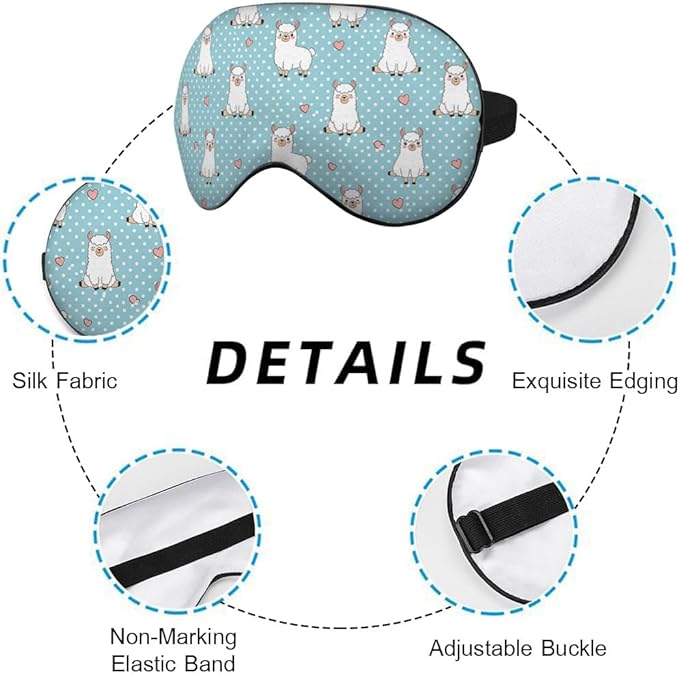 Cute Alpaca Silk Eye Mask Sleep Mask Red Heart White Llama Dots Cartoon Eye Mask with Adjustable Strap Lightweight for Women Work Travel Night Sleep