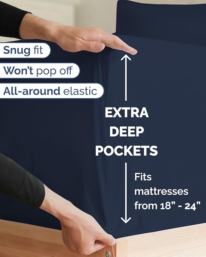 Extra Deep Twin XL Sheet Set - 4 Piece Breathable and Cooling Sheets - Hotel Luxury Bedding for Women, Men, Kids & Teens - Easy & Secure Fit - Soft and Wrinkle Free - Extra Deep Pockets - Navy Blue