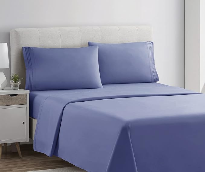 Clara Clark Bed Sheets, Premier 1800 Series 4 Piece Bed Sheet Set, Deep Pocket, Wrinkle, Fade, Stain Resistant, Luxury Soft Bedding Sheets & Pillowcases, Split King, Steel Blue