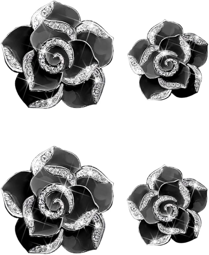 4PCS Bling Car Air Vent Clips, Flower Shiny Rhinestone Clip-on Vehicle Air Outlet Clamp, Sparkly Diamond Auto Interior Vent Decoration Clip, Universal for SUV Automobile Truck (Black)