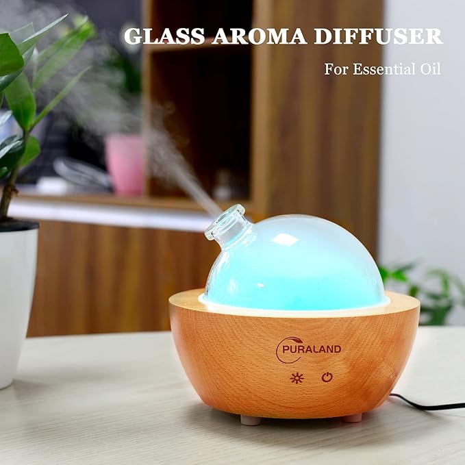 2025 Upgraded Remote Handmade Glass & Real Wood Essential Oil Diffuser, Aromatherapy Diffuser, 200ml Aroma Humidifier, Cool Mist with 7 LED Colors, Waterless Auto Shut-Off for Home Office Bedroom Gift