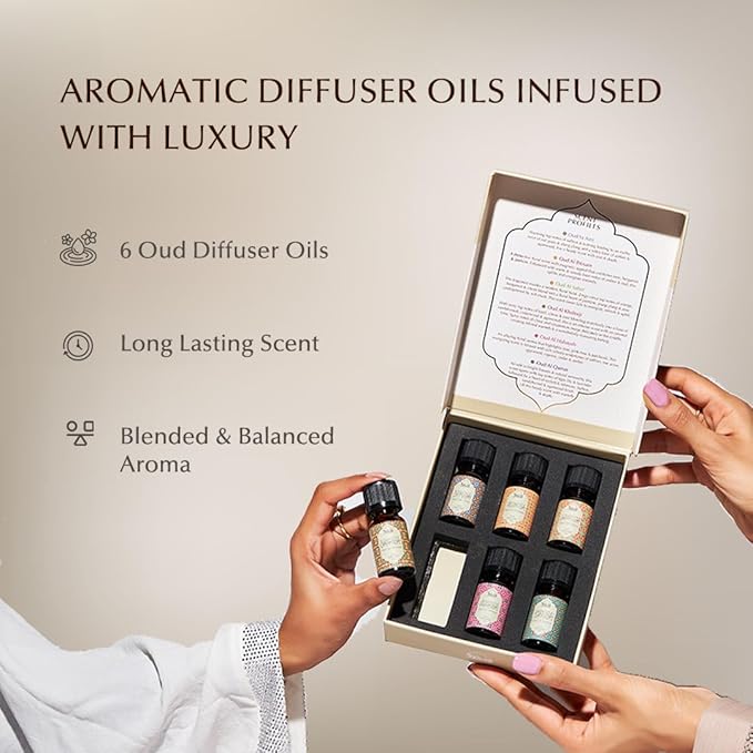 Oud Diffuser Oil, Essential Oil Gift Set by Dukhni | 6 x 10ml Arabic Oil Gift Set for Diffuser & humidifier | 100% Pure Halal Oudh Oils | Relax with Home Aromatherapy