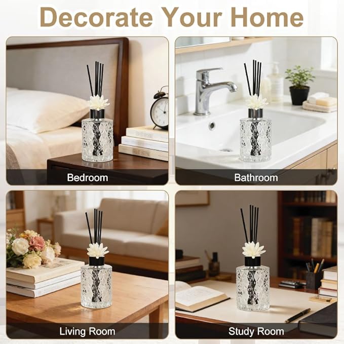 8 Pcs Empty Reed Diffuser Bottle Set, Small Glass Vases with 40Pcs Reed Diffuser Sticks, Refillable Flower Bud Vases for Essential Oil DIY, Home Fragrance, Bulk (Silver & Black)