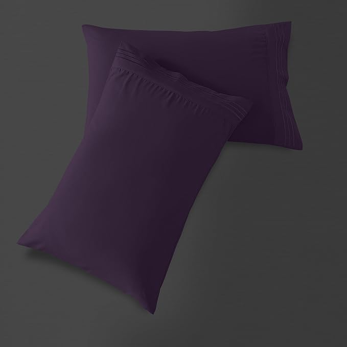 Mocassi 2-Piece Premium Standard/Queen Pillowcase Set 1800 Series Hotel Quality Microfiber - Soft and Breathable with 3-Line Embroidery Wrinkle and Stain Resistant, Easy Care, 20" x 30", Purple