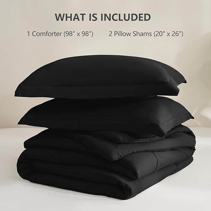 CozyLux Oversized Queen Comforter Set, 3 Pieces Black 98x98 Box Stitched Design Soft Bedding Set, All Season Lightweight Breathable Bed Set with 1 Down Alternative Comforter and 2 Pillow Shams