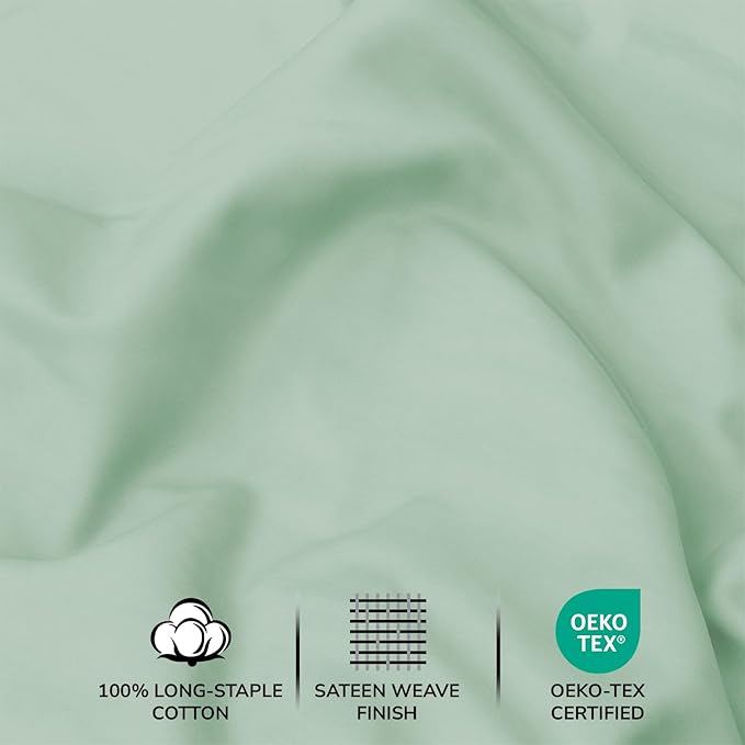Feather & Stitch 500 TC Full Size 4pc Damask Bed Sheet Set, 100% Soft Cotton Breathable Bedsheets, 18" Deep Pockets Sateen Weave Striped Bedding Mattress Resort Hotel Luxury Decor - (Soft Sage)