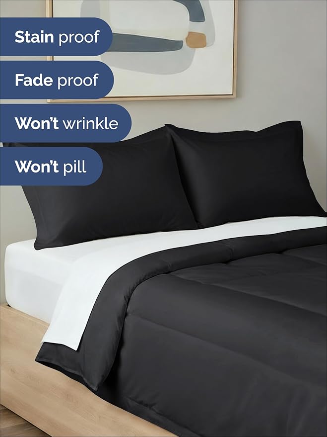 King Comforter Set - 3 Piece Bed Set for All Seasons - 1 Soft Quilted Comforter with Corner Tabs & 2 Pillow Shams - Comfy, Cozy & Breathable - Premium Down Duvet Insert - Oeko-TEX - King Size, Black