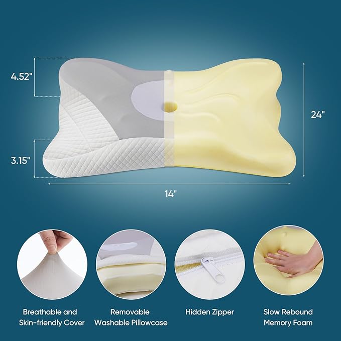Sweetcrispy Cervical Pillow for Neck and Shoulder - Ergonomic Memory Foam Pillows, Contour Side Sleeper for Adults, Cooling Orthopedic Neck Support for Back Stomach Sleepers, Grey